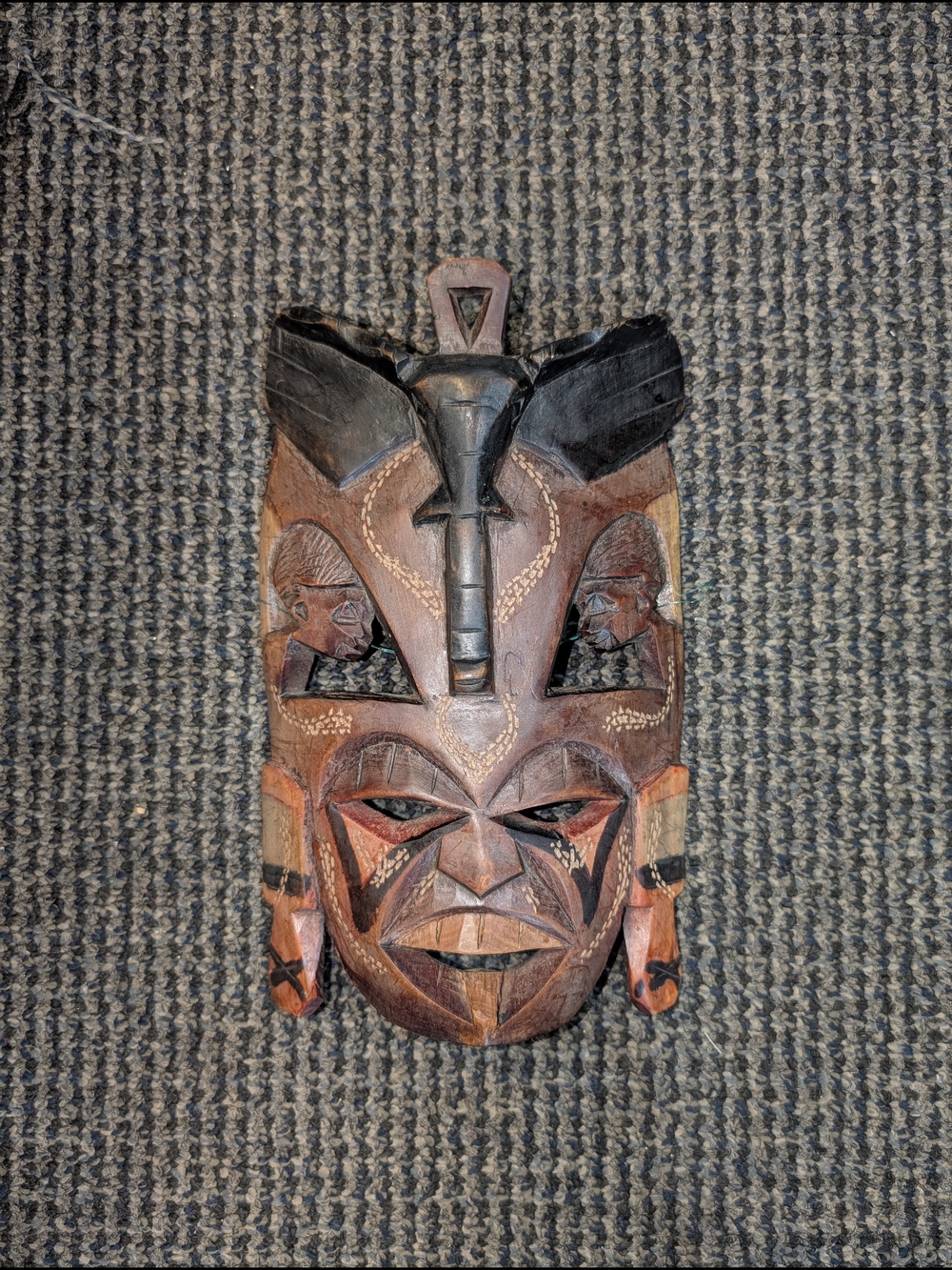 Hand-Carved Tribal Wood Mask Sculpture - Brown & Black